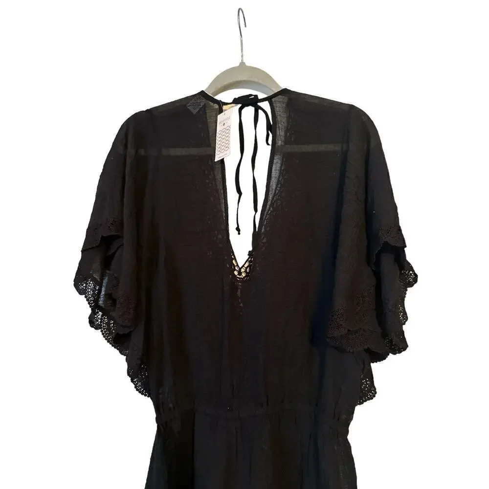 Eberjey Women's Sol Liberty Lace Trimmed Swim Cover-Up Romper Size S/M Black NWT